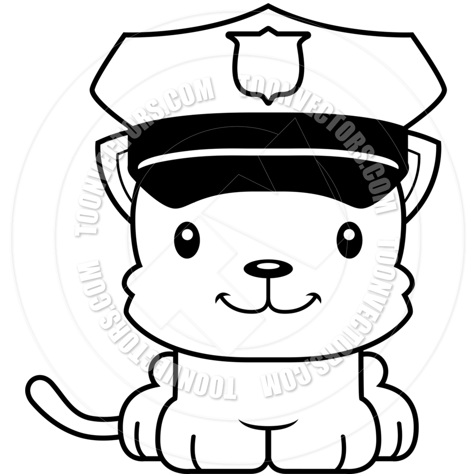 940x940 Cartoon Smiling Police Officer Kitten (Black And White Line Art