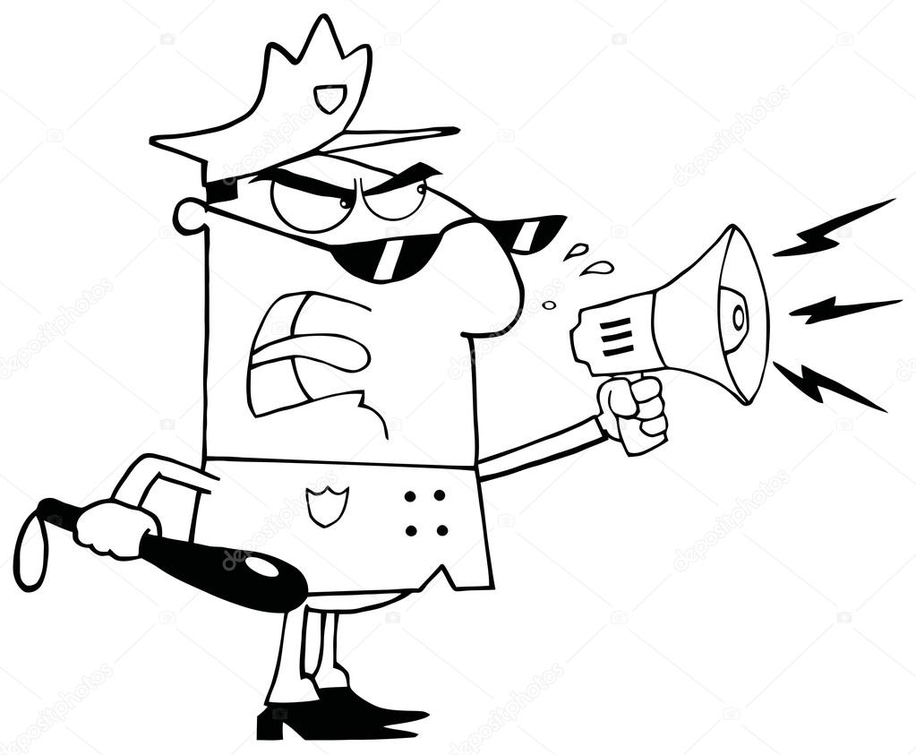 1023x843 Black And White Male Police Officer Shouting Through A Megaphone
