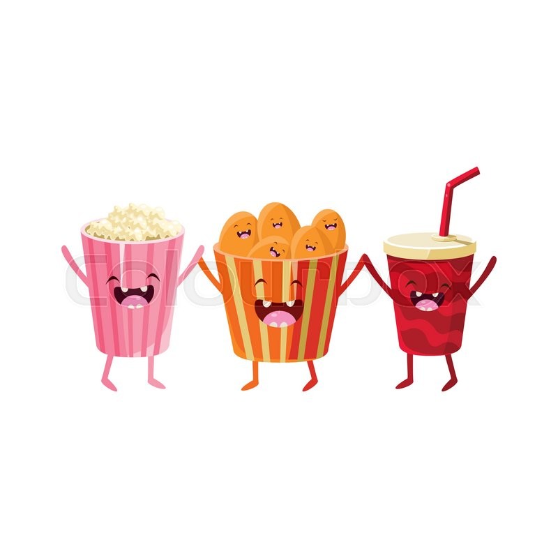 800x800 Popcorn, Soda And Chips Cartoon Friends Colorful Funny Flat Vector