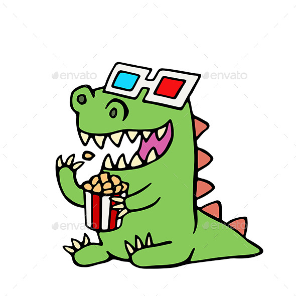 590x590 Cartoon Dragon In Stereo Glasses And A Box Of Popcorn. By Likozor