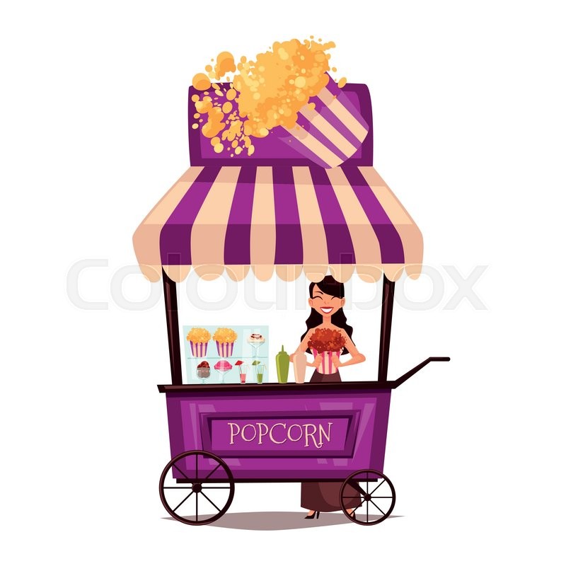 800x800 Selling Popcorn On The Street, Comic Cartoon Vector Illustration