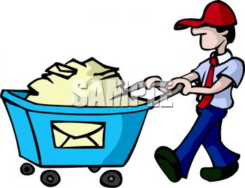 350x269 Royalty Free Clip Art Image Postal Worker Pushing A Bin Full