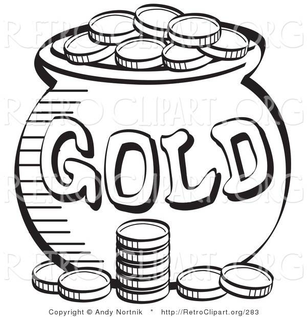 600x620 Retro Clipart Of A Stack Of Coins Near A Cauldron Of Leprechaun'S