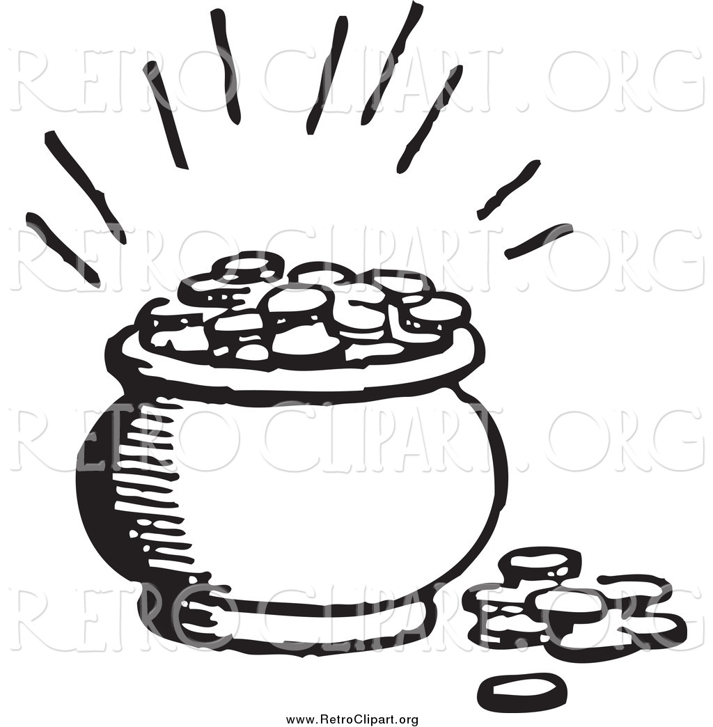 1024x1044 Clipart Of A Retro Black And White Pot Of Coins With Light By