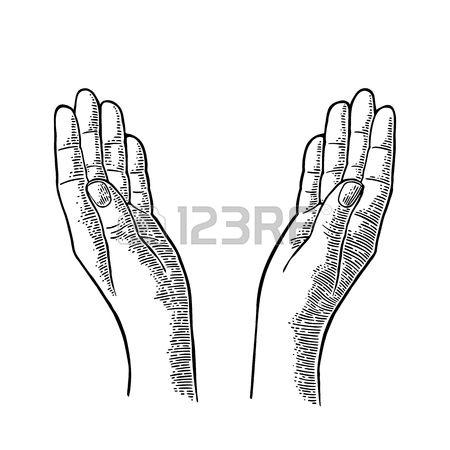 450x450 Two Praying Hands. Open Empty Palms Up. Vector Black Vintage