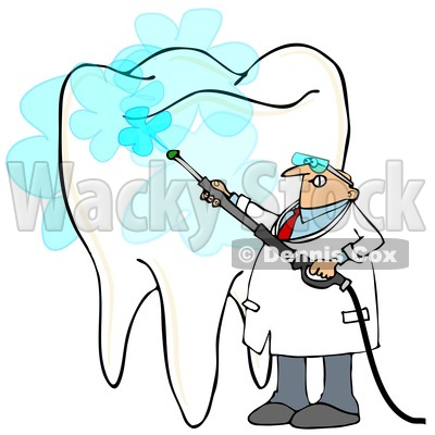 400x400 Of A Cartoon Chubby Caucasian Male Dentist Power Washing A Tooth