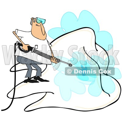400x400 Of A Cartoon White Man Pressure Washing A Giant Tooth, On A White