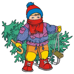 300x300 Royalty Free Child Pulling A Christmas Tree Bundled In Winter