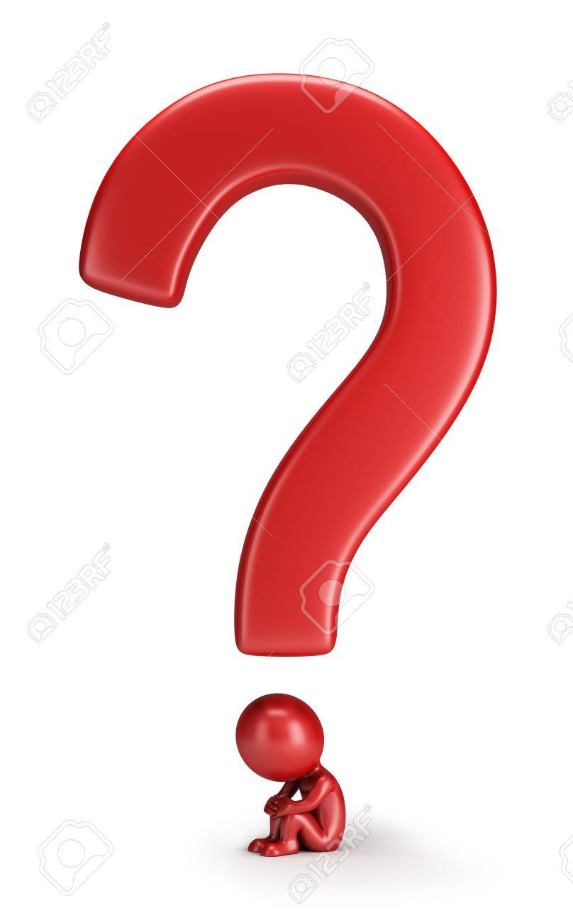 808x1300 3d Small Person Sitting Under A Question Mark. 3d Image. White