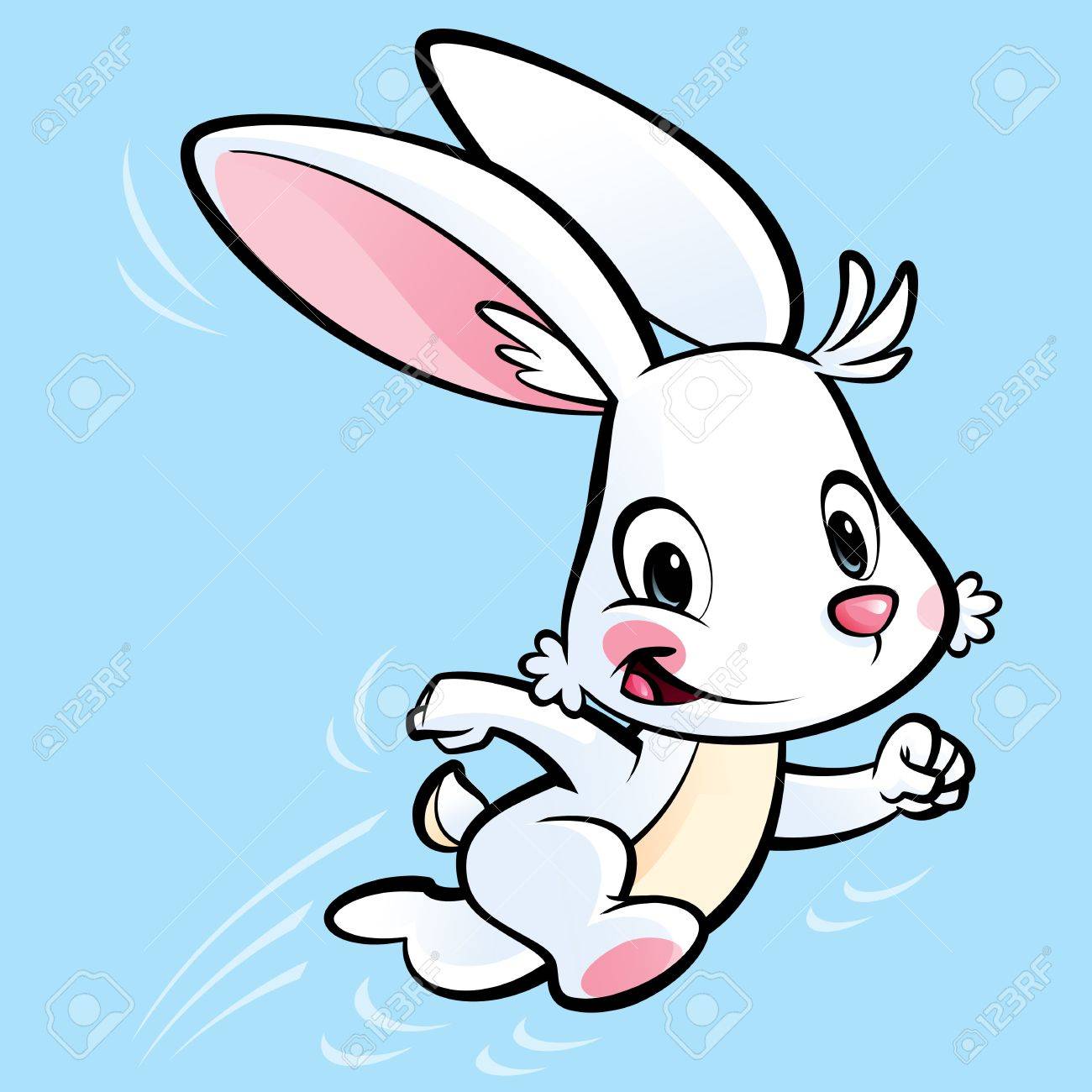 1300x1300 Happy White Cartoon Bunny Running In A Cyan Background Stock Photo