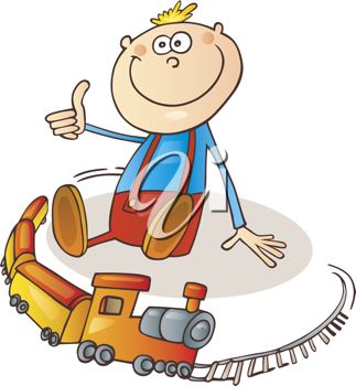 323x350 Cartoon Of Little Boy Playing With Toy Train On Railroad Track