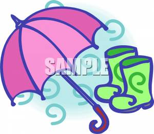 300x261 Picture An Open Pink Umbrella With A Pair Of Rain Boots