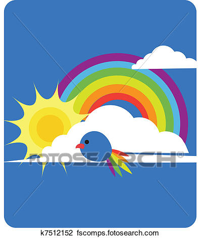 396x470 Clipart Of Sky View Of Rainbow, Sun, Clouds And Bird K7512152