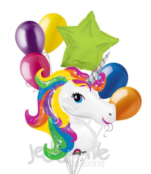 500x575 Bright Rainbow Unicorn Happy Birthday Balloon Bouquet Happy