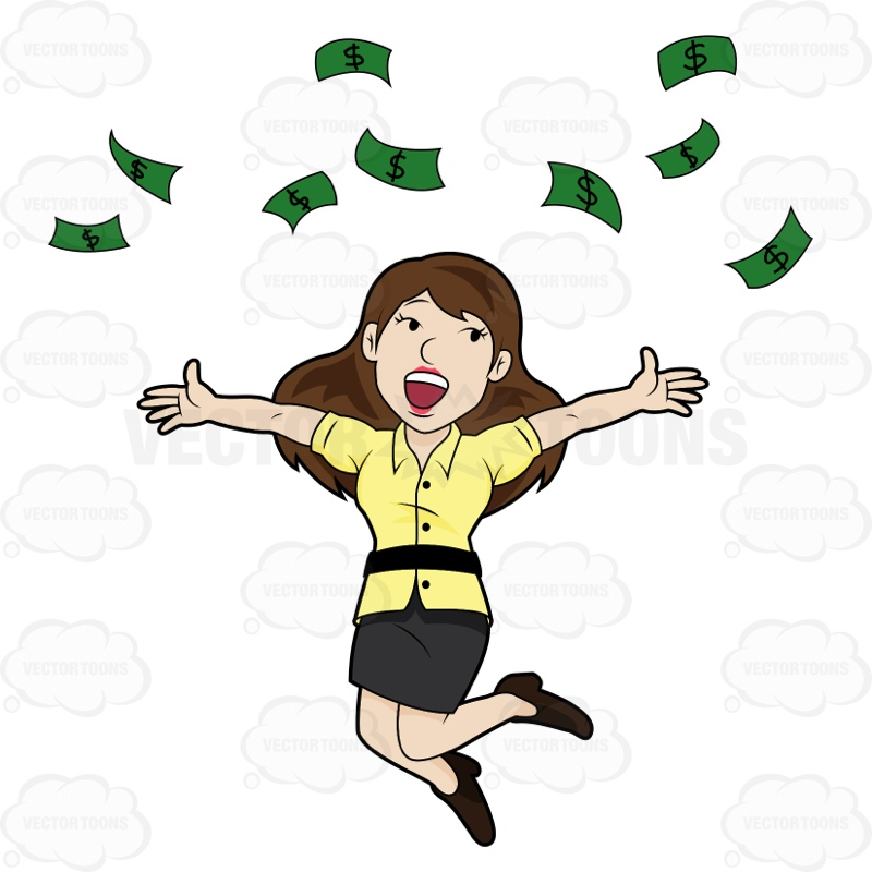 800x800 Delighted Woman Jumps And Throws Money Into Air Cartoon Clipart