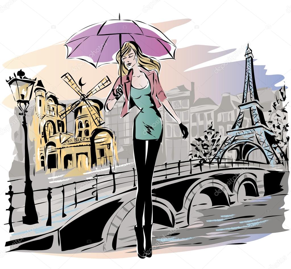 1024x945 Fashion Girl Rainy Day In Paris Stock Vector Sofiapink