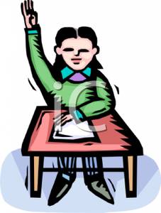 227x300 Girl Sitting At Her Desk Raising Her Hand Clip Art Image
