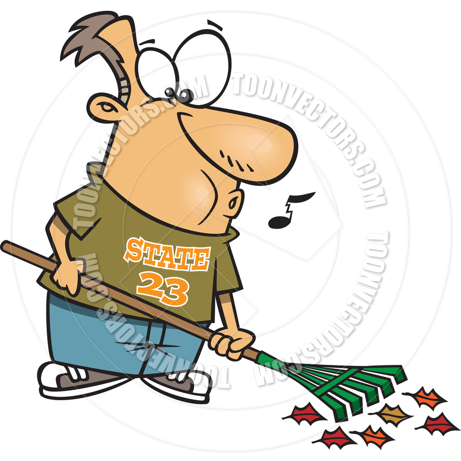 940x940 Cartoon Happy Man Raking Leaves By Ron Leishman Toon Vectors Eps