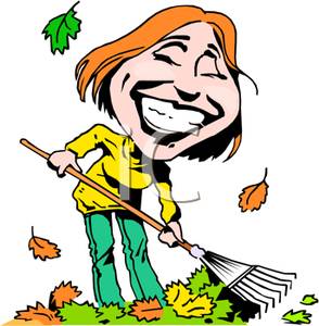 294x300 Image A Smiling Woman Raking Leaves