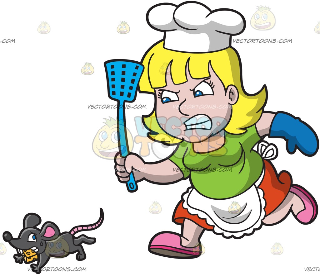 1024x886 A Lady Cook Chasing After A Rat Cartoon Clipart