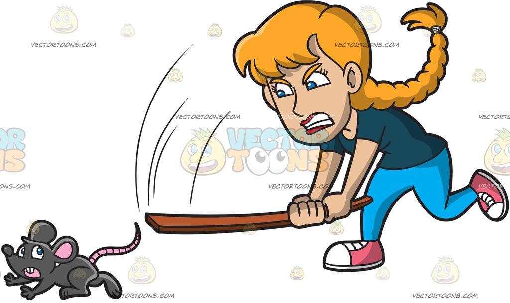 1024x609 An Angry Woman Chasing A Rat Cartoon Clipart