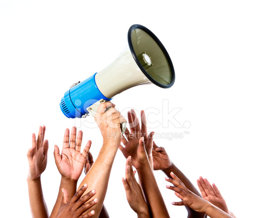 535x440 I Want To Speak! Many Hands Reaching For Megaphone Stock Photos
