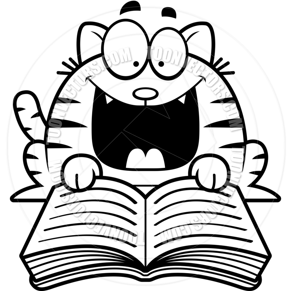 940x940 Cartoon Little Cat Reading (Black And White Line Art) By Cory