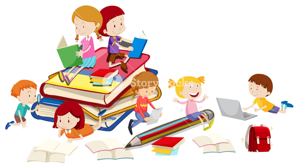 1000x567 Children Reading Books Together Illustration Royalty Free Stock