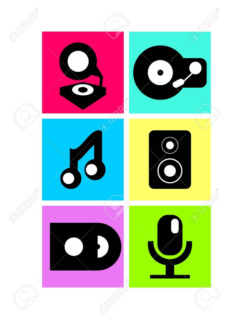 1021x1300 Vector Neon Colored Music Icons Record Player, Note, Microphone