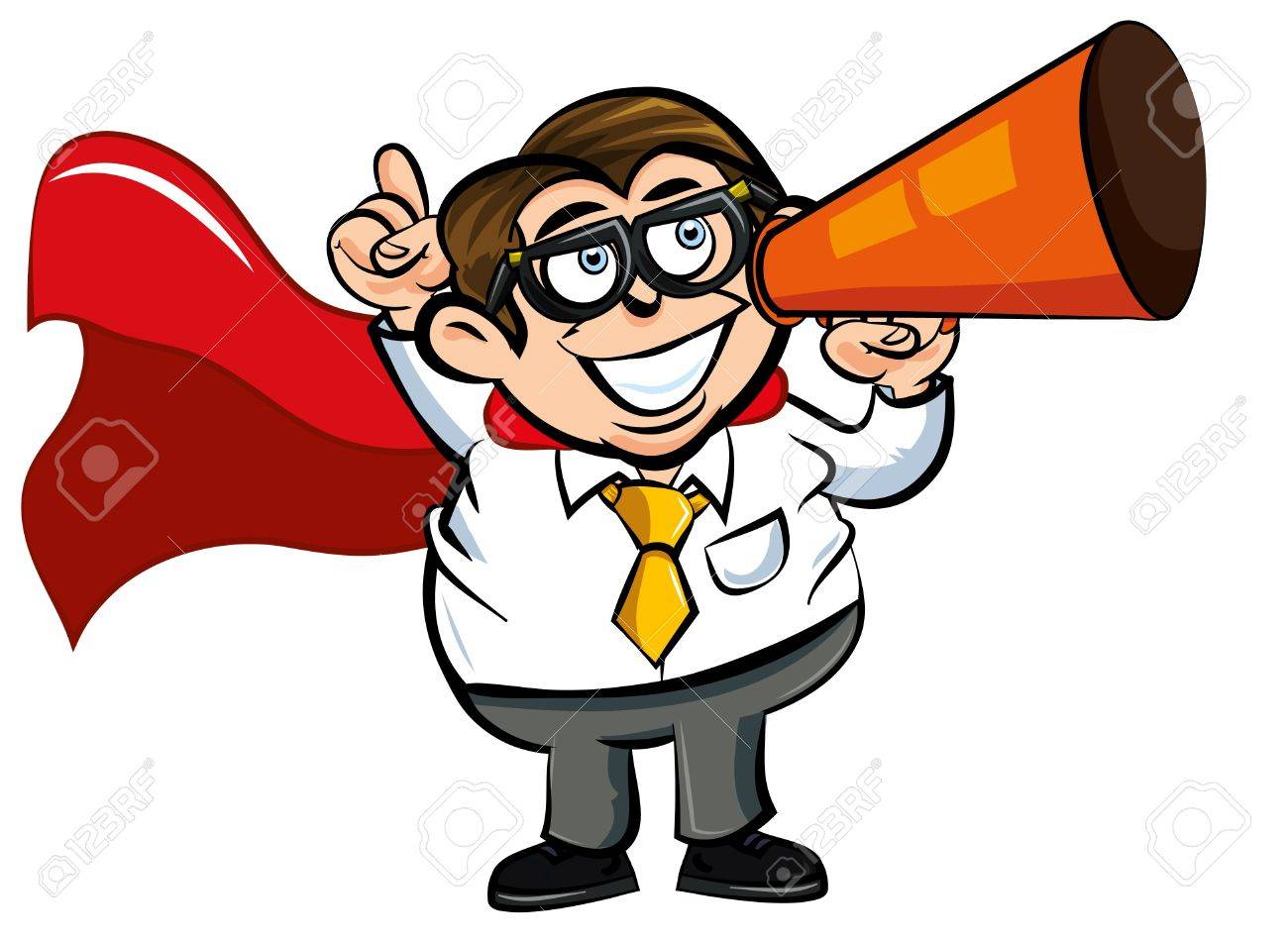 1300x951 Cartoon Superhero Office Nerd With Cape And Megaphone Royalty Free