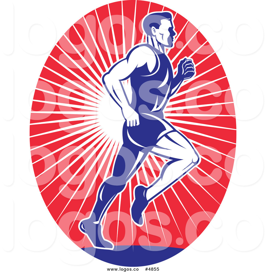 1024x1044 Royalty Free Vector Of A Blue Runner In An Oval Of Red Sun Rays
