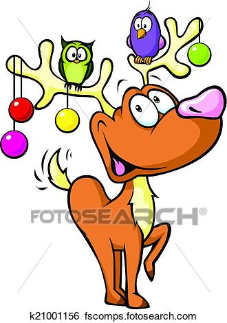 330x470 Clip Art Of Funny Reindeer With Christmas Balls And Birds Sitting