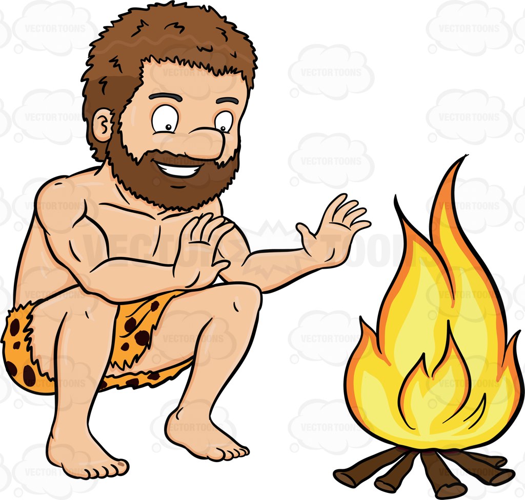 1024x977 A Caveman Smiles In Relief Beside A Bonfire Cartoon Clipart