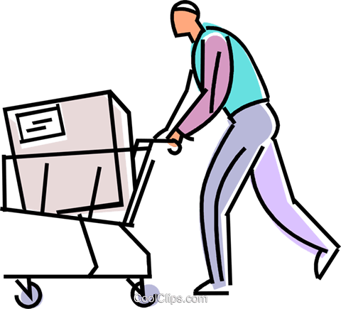 480x435 Customer With A Box In His Shopping Cart Royalty Free Vector Clip