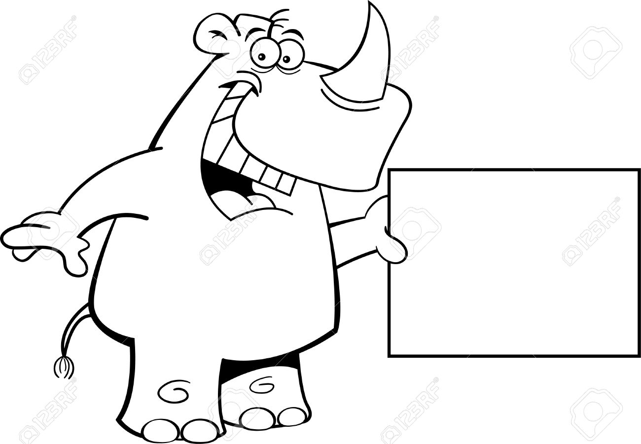 1300x901 Black And White Illustration Of A Rhino Holding A Sign Royalty