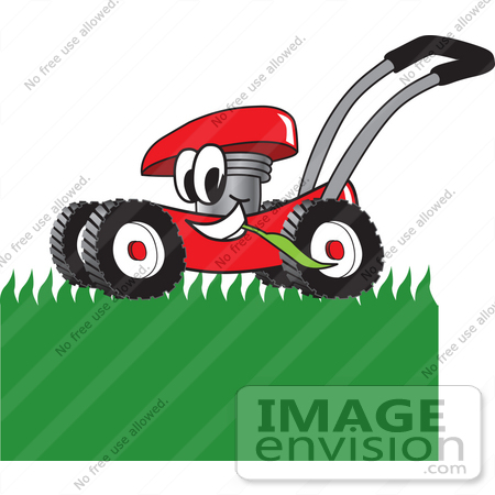 450x450 Clip Art Graphic Of A Red Lawn Mower Mascot Character Chewing