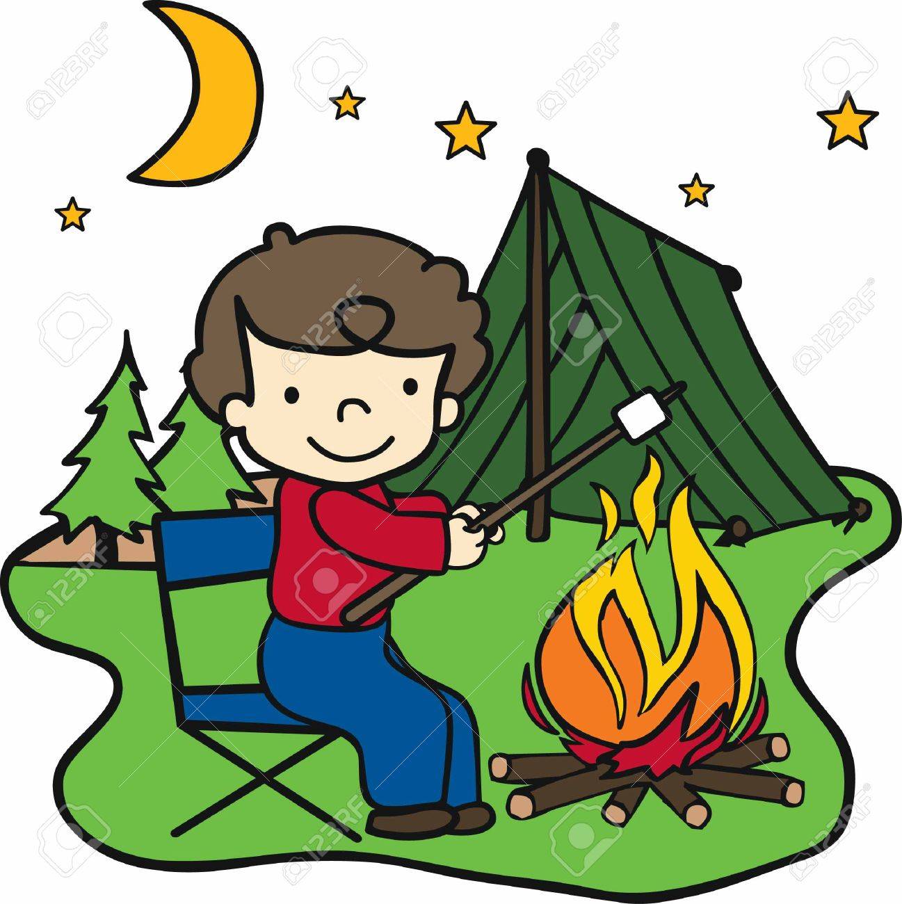 1297x1300 Happy Camper Roasting Marshmallows Over An Open Fire At Night