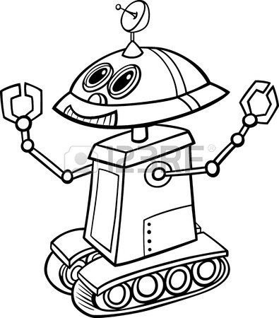 395x450 Black And White Cartoon Illustration Of Cheerful Robot