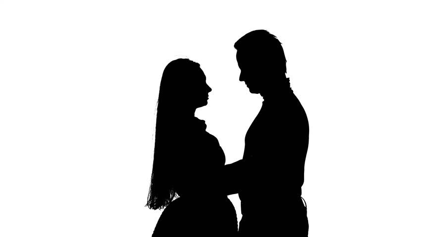 852x480 Romantic Couple. Portrait Of Two People Kissing. Silhouette. White