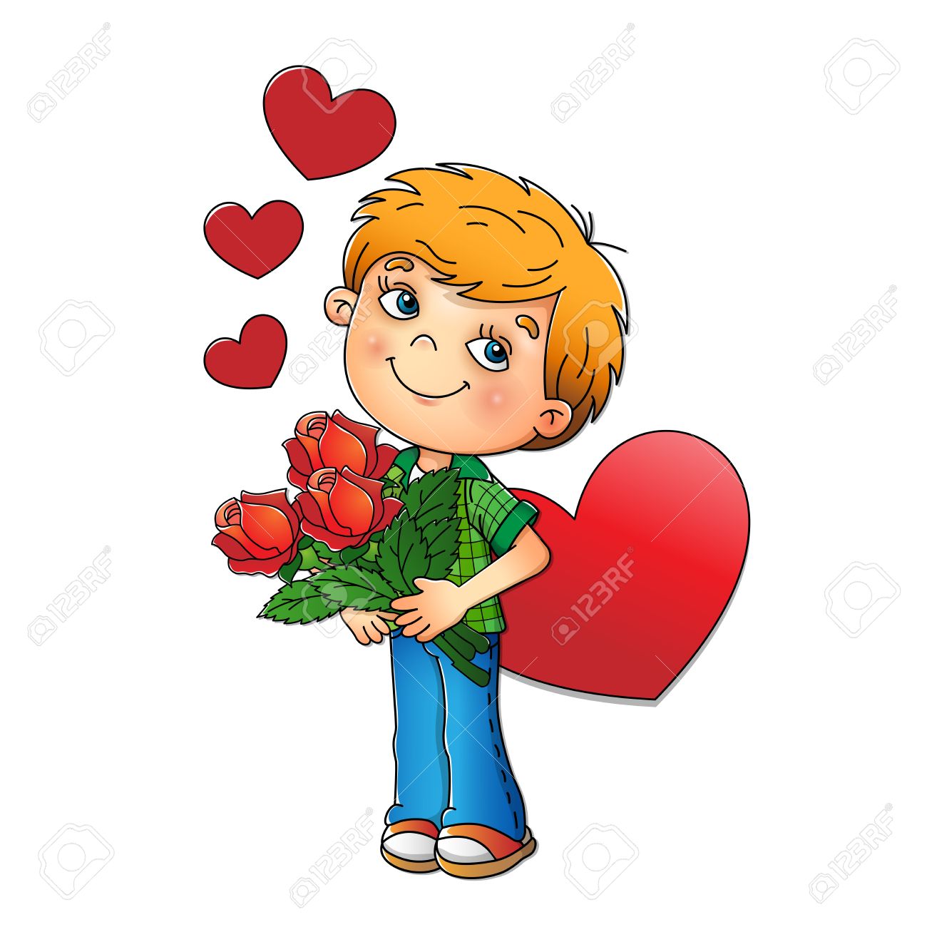 1300x1300 Valentine's Day. Charming Boy Holding A Bouquet Of Roses