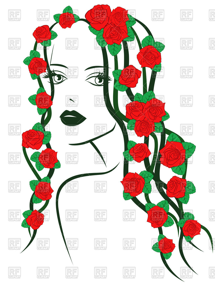 900x1200 Outline Of Woman With Beautiful Red Roses On Hair Royalty Free
