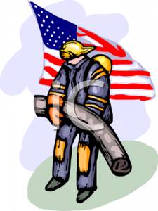 225x300 Fireman Lifting A Piece Of Rubble And The American Flag Clip Art Image