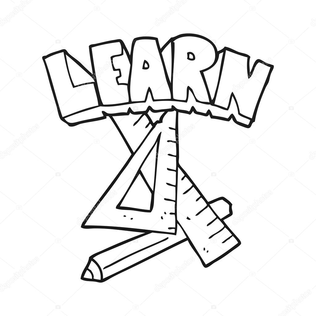 1024x1024 Black And White Cartoon Pencil And Ruler Under Learn Symbol
