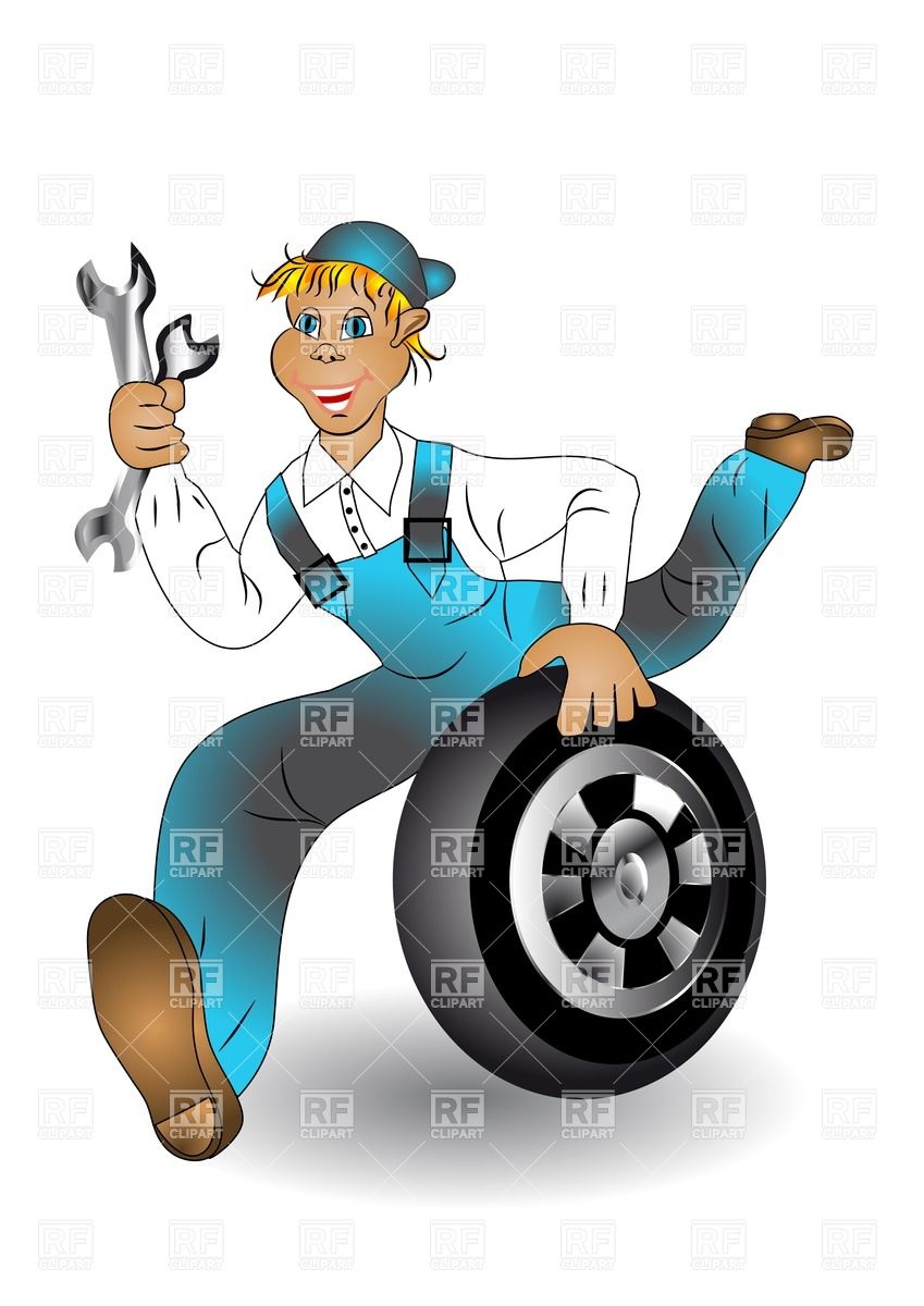 849x1200 Running Mechanic With Wrench And A Wheel Royalty Free Vector Clip