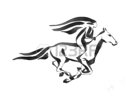 450x327 Girl Riding A Running Horse, Outline Handdrawed Illustration