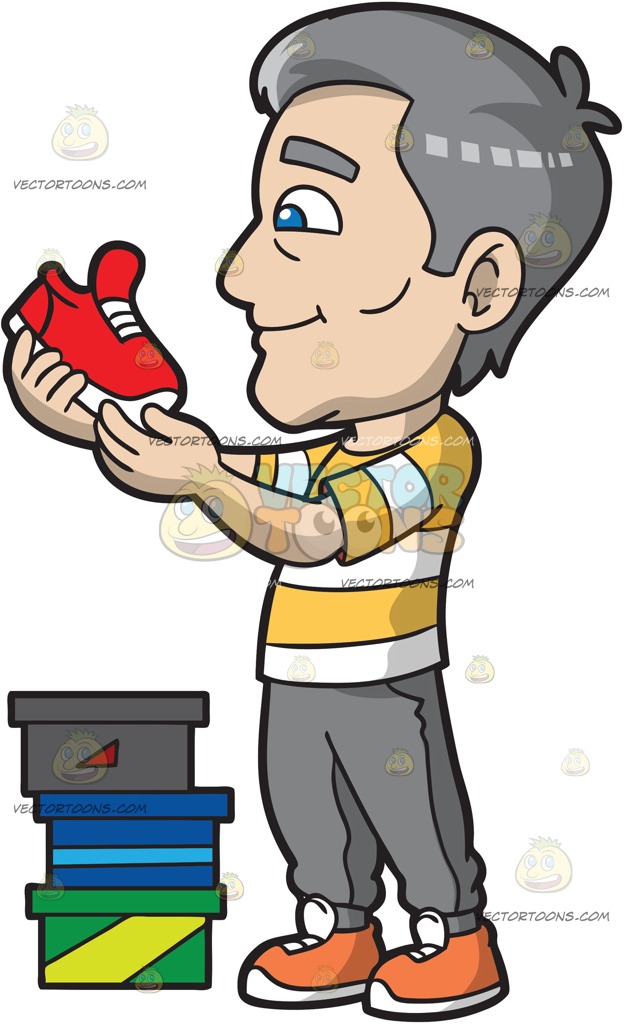 624x1024 A Mature Man Checking Out New Running Shoes Cartoon Clipart