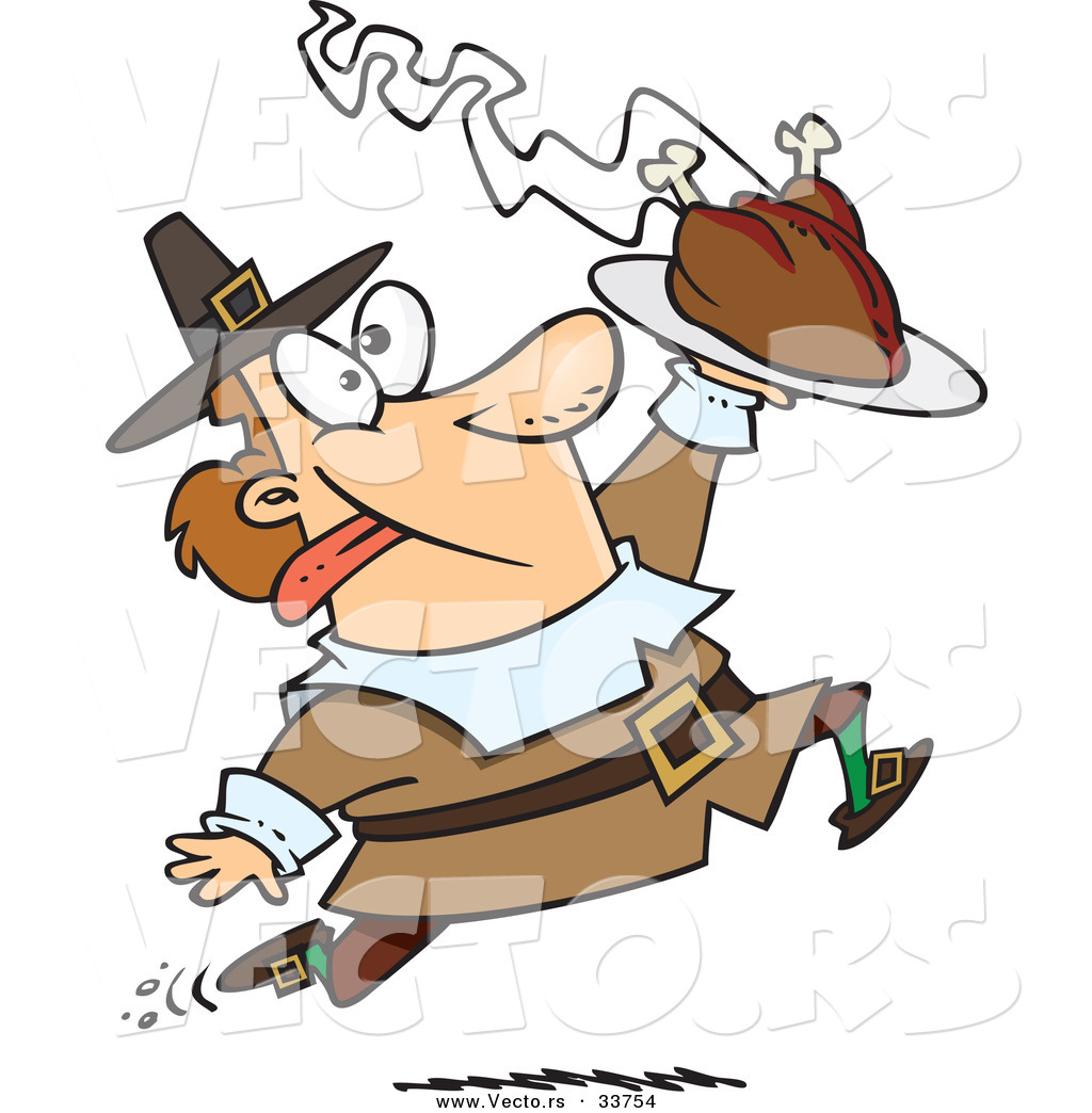 1024x1044 Vector Of An Excited Cartoon Pilgrim Man Running With A Hot Turkey