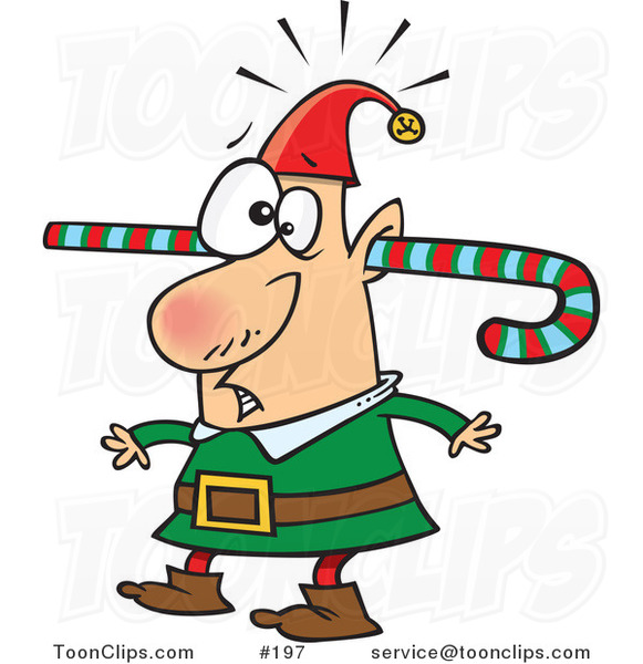 581x600 Cartoon Confused Elf Walking Around With A Colorful Striped Candy