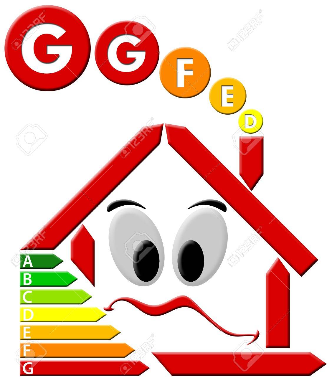 1127x1300 Red House Stylized With Sad Face And Chart Consumes Voters Stock