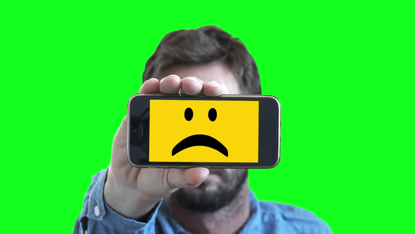 852x480 Sad Smiley Face Man On Smartphone Screen. Man Shows His Feelings